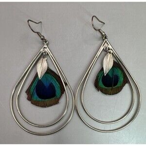 Peacock Feather Earrings Gold Tone Hoops Teardrop Boho Statement Dangle